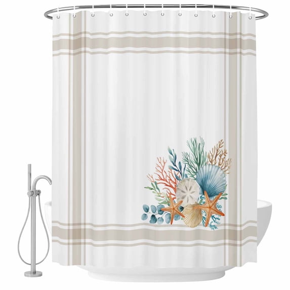 Coastal Starfish Shower Curtain, Waterproof Shower Curtains for Bathroom, Nautical Shells Coral Eucalyptus Stripes Washable Fabric Bathtub Curtain Set Bath Decor with 12 Hooks Standard 72"x72"