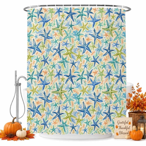 Coastal Starfish Shower Curtain, Waterproof Shower Curtains for Bathroom, Summer Nautical Ocean Marine Life Washable Fabric Bathtub Curtain Set Bath Decor with 12 Hooks Long 72"x84"
