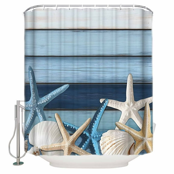 Coastal Starfish Shower Curtains for Bathroom Waterproof Fabric Bath Curtains Decor Bath Tub Curtain Blue Wooden Grain Seashells Country Decorative Shower Curtain Sets with 12 Hooks, 72x72 Inch