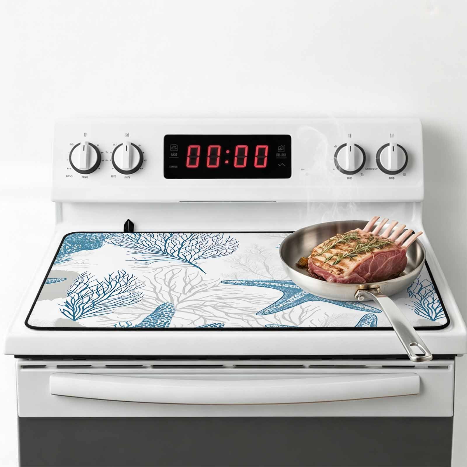 Coastal Starfish Stove Top Cover for Electric Stove, Heat-proof & Non Slip Glass Top Stove Cover Protector, 0cean Nautical Coral Seagrass Nature Kitchen Flat Cooktop Rubber Mat 24x21 Inches