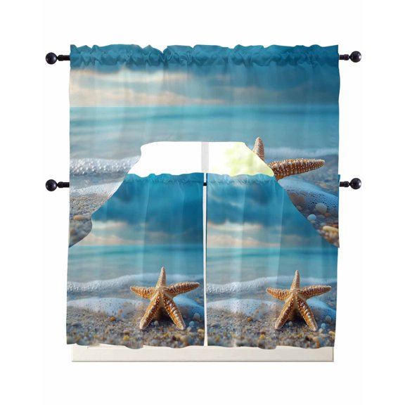 Coastal Starfish Swag Curtains for Living Room/Bedroom Windows, Modern Beach Ocean Waves Blue Sky Kitchen Curtains and Valances Set 36 Inch Length, Light Filtering Swags Valance Curtain Panels