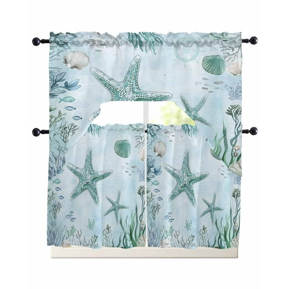 Coastal Starfish Swag Kitchen Curtains Sets for Windows 24 Inch Length, Nautical Coral Tropical Fish Seashells Short Window Curtain Panels Swags Valances and Tiers 3 Piece Set for Cafe/Dining Room