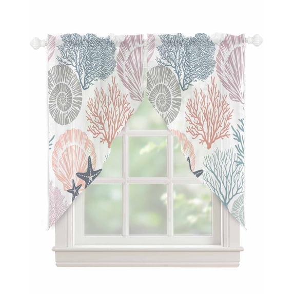 Coastal Starfish Swag Valances for Windows, Ocean Multicolor Coral Shell Conch Rod Pocket Sheer Valances for Large Windows, Swag Toppers Light Filtering for Kitchen Living Room 2 Panels 36''x63''
