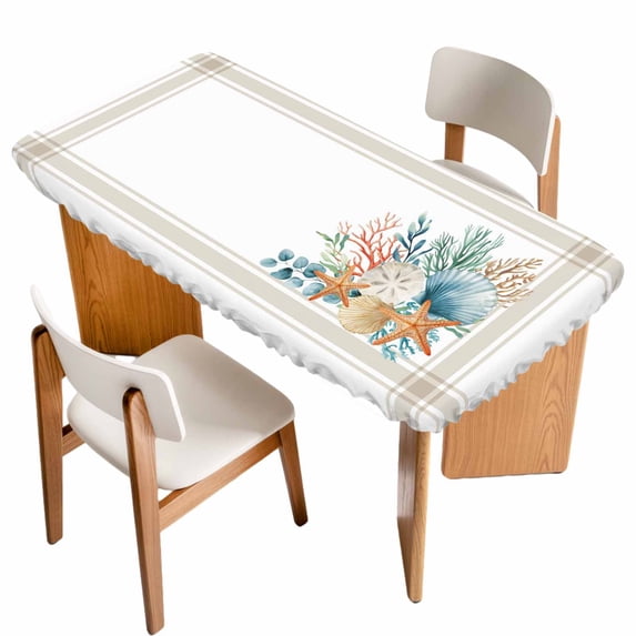 Coastal Starfish Table Cloths for 3 Foot Rectangle Tables, Nautical Shells Coral Eucalyptus Stripes Patio Waterproof Elastic Fitted Tablecloths, Washable Rectangular Table Cover for Camping