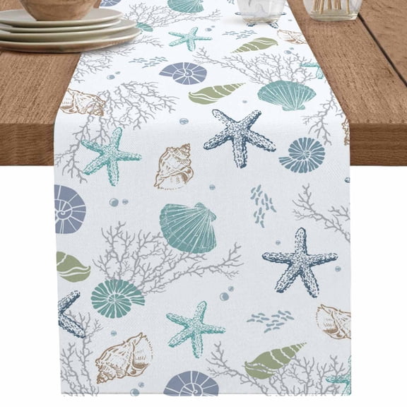 Coastal Starfish Table Runner 90 Inches Long for Dining Table Decor,Ocean Coral Shell Beach Marine Life Burlap Linen Farmhouse Table Runner Coffee Table Runners Dresser for Kitchen Party Holiday