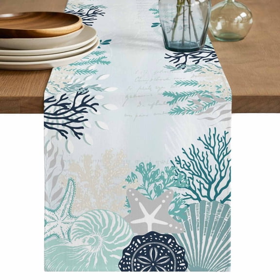 Coastal Starfish Table Runner, Ocean Weeping Coral Beach Conch Turquoise Washable Cotton Linen Table Runners 48 Inches Long, Dresser Scarf Runner for Nightstand/Coffee/End Tables 13''x48''