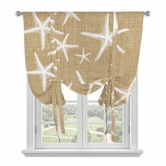Coastal Starfish Tie Up Curtains for Kitchen Windows,Adjustable Rod Pocket Valance 45 Inch Short, Summer Beach Nautical Ocean Rustic Window Treatment Balloon Roman Blind Shade, 42" x 45"