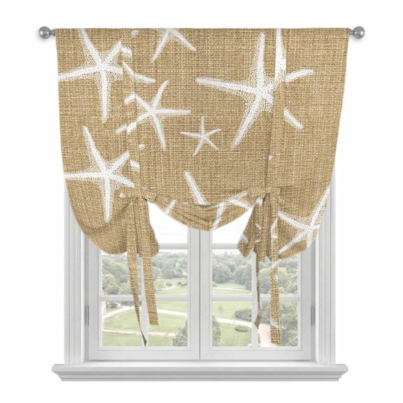 Coastal Starfish Tie Up Curtains for Small Windows,Adjustable Rod Pocket Valance 45 Inch Short, Summer Beach Nautical Ocean Rustic Window Treatment Balloon Roman Blind Shade, 34" x 45"