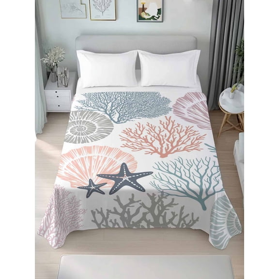 Coastal Starfish Twim Size Flat Sheet, Wrinkleproof & Fadeproof Cooling Flat Bed Sheet Only, Ocean Multicolor Coral Shell Conch Breathable Soft Bedding Top Sheets 66 x 96 Inches