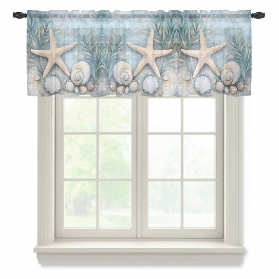 Coastal Starfish Valance Curtains for Kitchen/Living Room/Bathroom/Bedroom Window,Rod Pocket Small Topper Half Short Window Curtains Sheer Scarf,Beach Summer Starfish Nautical Shell Blue 54"x18"