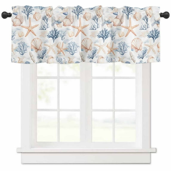 Coastal Starfish Valances for Windows Farmhouse Kitchen Curtains Valances Rod Pocket Valance Curtains for Kitchen Windows Blue Ocean Coral Shell Conch Modern Window Valances for Bathroom 42"x12"