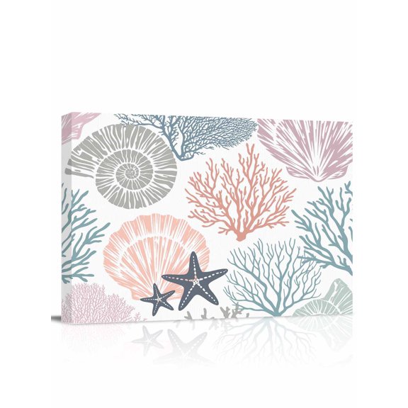 Coastal Starfish Wall Art for Living Room,Canvas Picture Wall Decor for Bathroom Bedroom,Ocean Multicolor Coral Shell Conch Painting Artwork for Office Kitchen Hallway Dining Room Home Decor 12"x16"