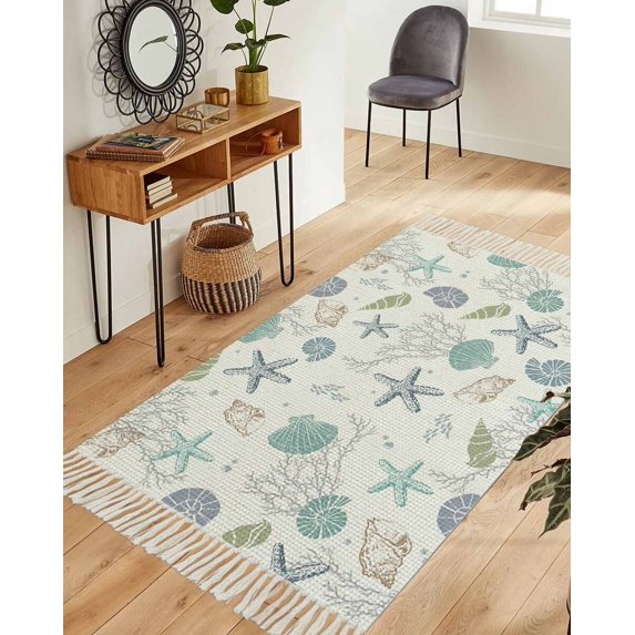 Coastal Starfish Washable Area Rug 3'x5', Ocean Coral Shell Beach Marine Life Woven Cotton Tassels Kitchen Rugs, Non Slip Indoor Door Mat Throw Carpet for Entryway Living Room Nursery Laundry Room
