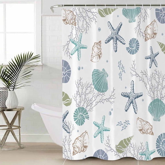Coastal Starfish Waterproof Fabric Shower Curtain, Ocean Coral Shell Beach Marine Life Shower Curtain for Bathroom Curtains Bathtubs Hotel Washable Shower Curtains with 12 Hooks Extra Long 72x84