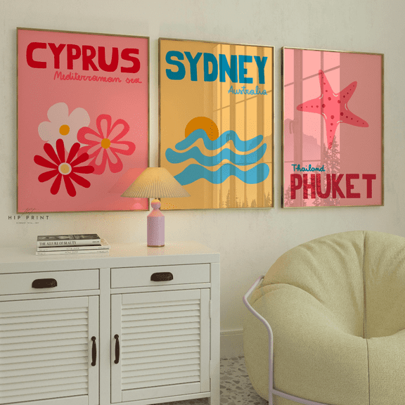Coastal Starfish Wave Floral Preppy Poster Set Set 3 , Poster Only