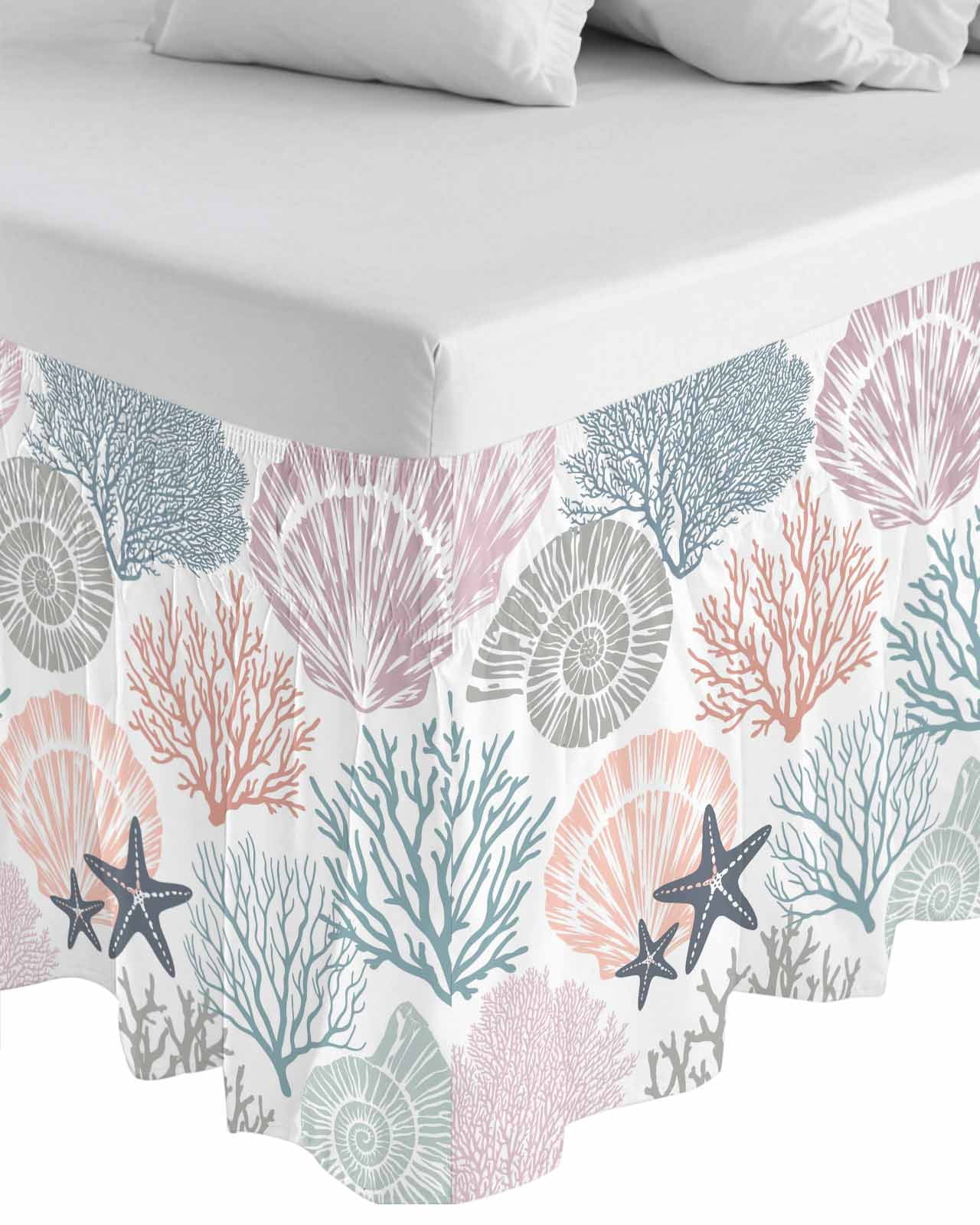 Coastal Starfish Wrap Around Bed Skirts for King Bed 18" Drop,Bed Skirt with Adjustable Elastic Belt Dust Ruffle Bed Valance for Bedroom Hotel Ocean Multicolor Coral Shell Conch Bed Frame Cover