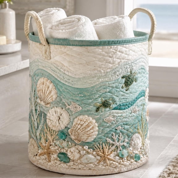 Coastal Storage Basket, Custom Beach Bathroom Organizer for Vacation Home, Seashell Spa Gift, Ocean Inspired Towel Basket