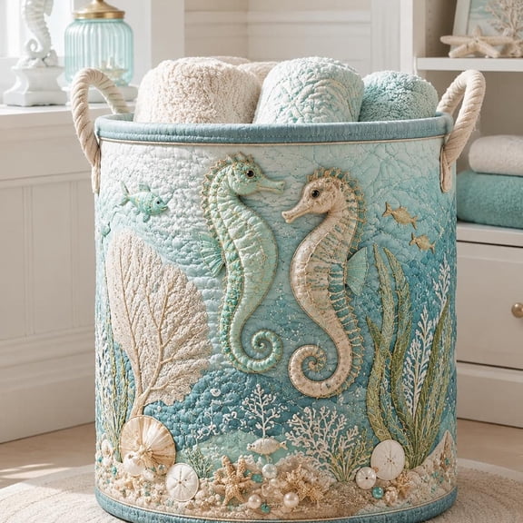 Coastal Storage Basket, Custom Beach House Organizer for Ocean Lovers, Nautical Housewarming Gift, Seahorse Bathroom Decor