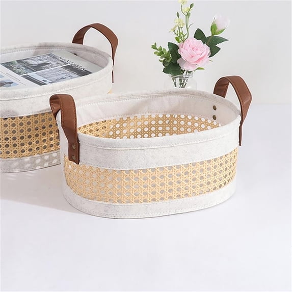 Coastal Storage Basket for Shelves Set of 3 White Felt & Natural Rattan Color