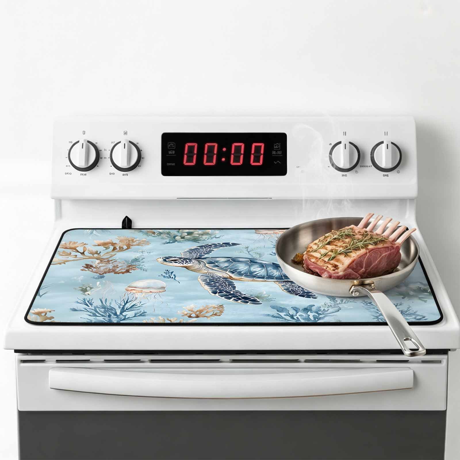 Coastal Stove Top Cover for Electric Stove, Heat-proof & Non Slip Glass Top Stove Cover Protector, Sea Turtle Summer Beach Nautical Coral Kitchen Flat Cooktop Rubber Mat 24x21 Inches