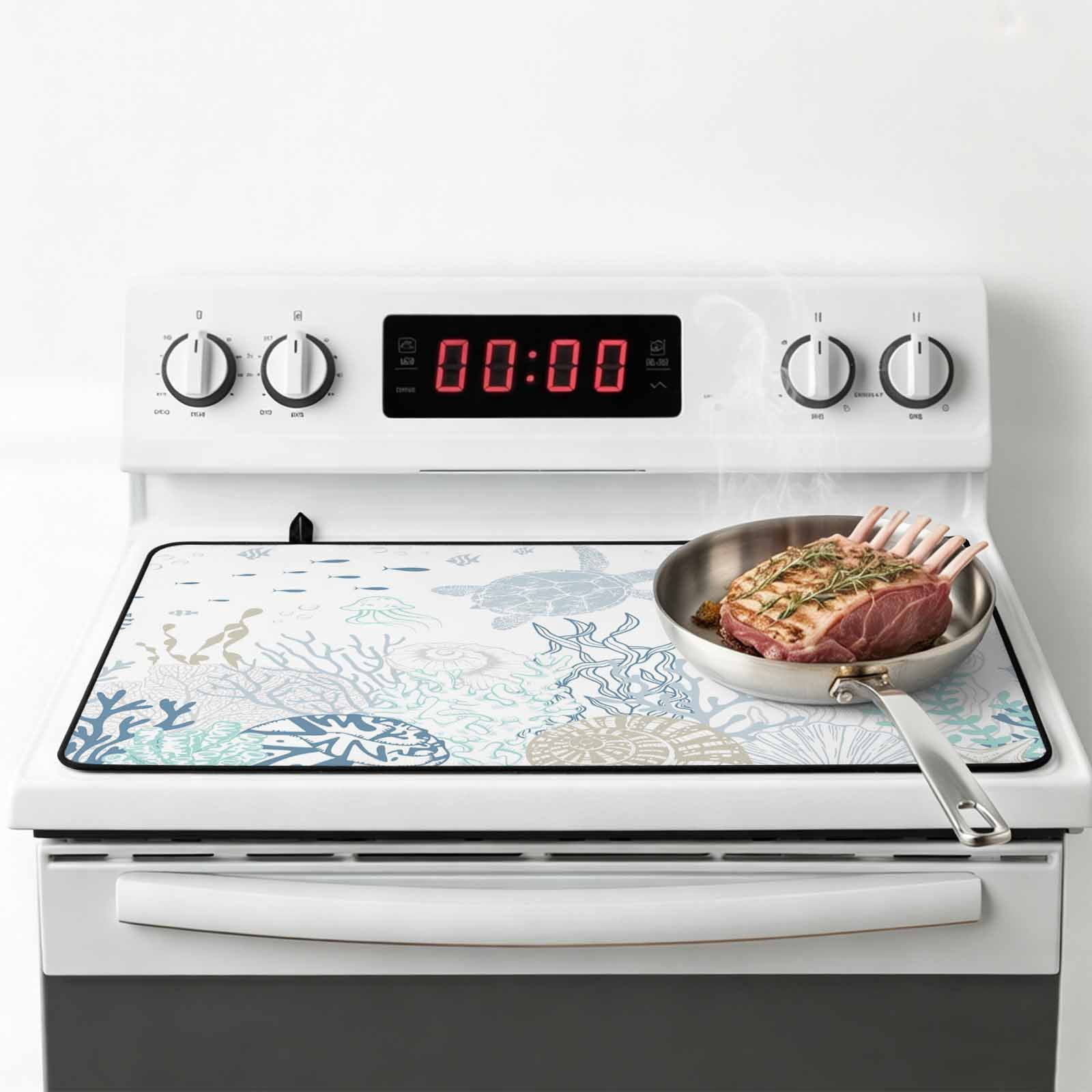 Coastal Stove Top Cover for Electric Stove, Heat-proof & Non Slip Glass Top Stove Cover Protector, Turquoise Blue Turtle Starfish Coral Jellyfish Kitchen Flat Cooktop Rubber Mat 24x21 Inches