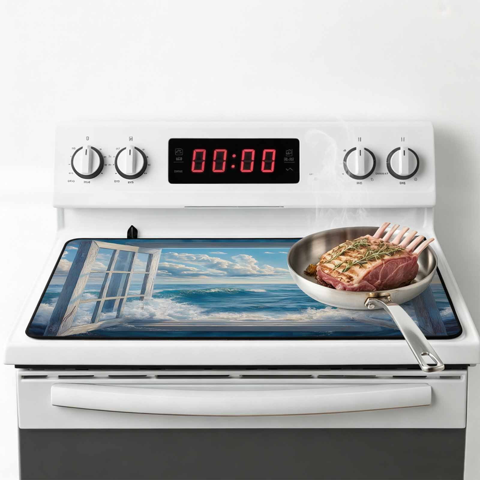 Coastal Stove Top Cover for Electric Stove, Heat-proof & Non Slip Glass Top Stove Cover Protector, Window Nautical Beach Blue Seaside Kitchen Flat Cooktop Rubber Mat 24x21 Inches