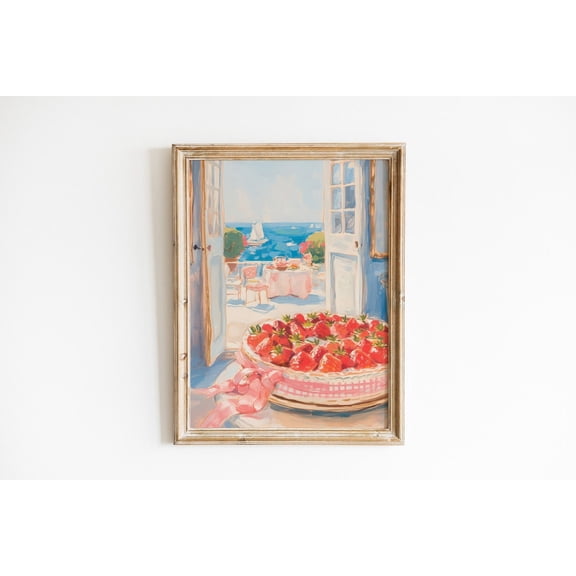 Coastal Strawberry Tropical Beachy Italy Kitchen Wall Decor, Unframed Canvas 16x20in