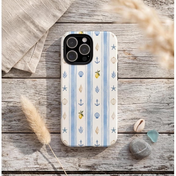 Coastal Stripe Tough Phone Case, Blue Nautical Mediterranean Design, Glossy Dual-Layer, Compatible with iPhone 15 Plus
