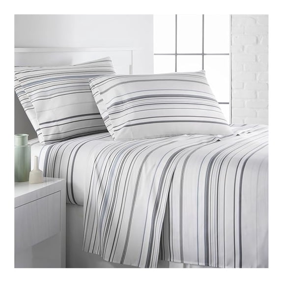 Coastal Stripes, 4-Piece, 15 Inch Deep Pocket King Sheets, Striped King Sheets Deep Pocket for Thick Mattress, Easy Care Microfiber Grey Bedding, Grey Sheet Set
