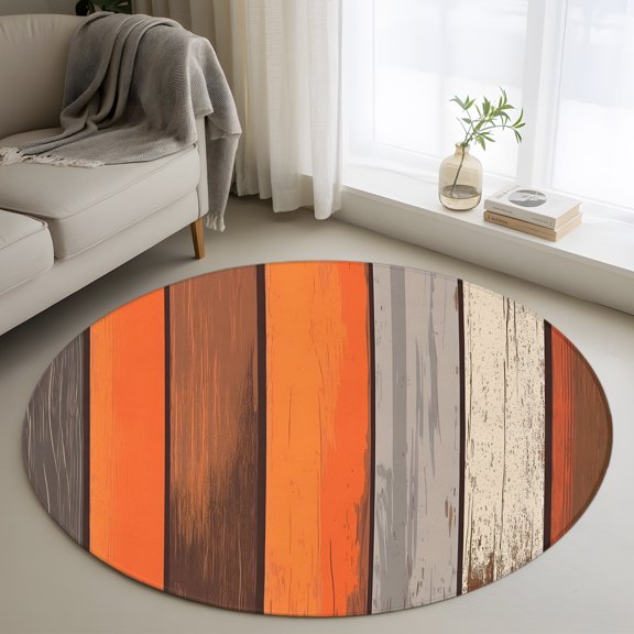 Coastal Style 3.3' Round Rug for Bedroom Reading Corner, Retro Orange Brown Stripes Wood Texture Washable Non Slip Circle Area Rug