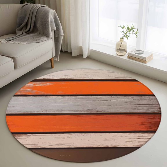 Coastal Style 3.3' Round Rug for Bedroom Reading Corner, Vintage Orange Brown Stripes Wood Texture Washable Non Slip Circle Area Rug
