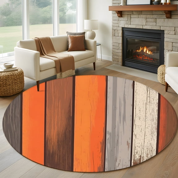 Coastal Style 7' Round Rug for Living Room Conversation Area, Retro Orange Brown Stripes Wood Texture Washable Non Slip Large Circle Area Rug