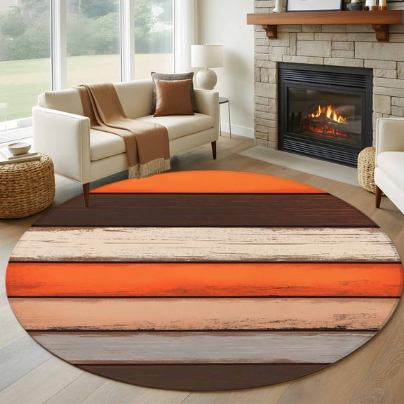 Coastal Style 7' Round Rug for Living Room Conversation Area, Vintage Orange Brown Stripe Wood Texture Washable Non Slip Large Circle Area Rug