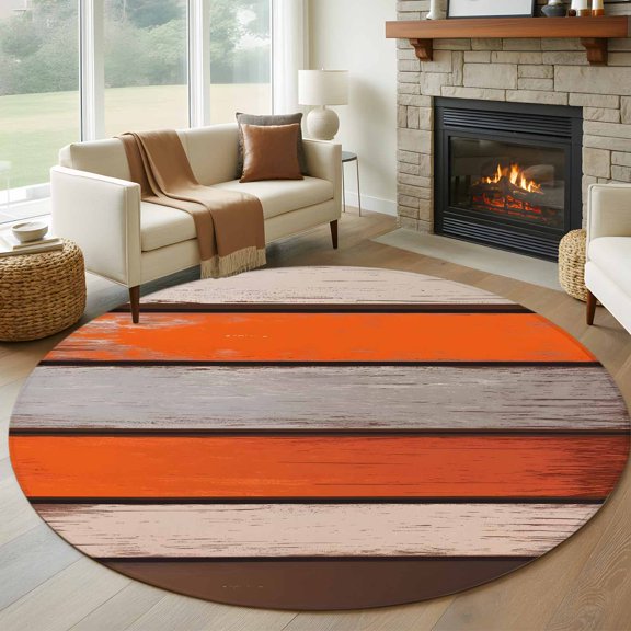Coastal Style 7' Round Rug for Living Room Conversation Area, Vintage Orange Brown Stripes Wood Texture Washable Non Slip Large Circle Area Rug
