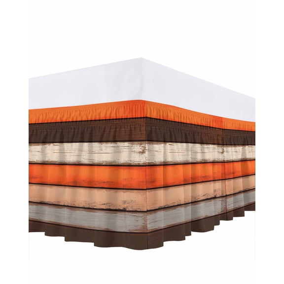 Coastal Style Bed Skirt California King Size 16&nbsp;Inch Drop, Vintage Orange Brown Stripe Wood Texture Wrap Around Dust Ruffle Bedskirts, Easy Fit Bedskirt with Adjustable Elastic
