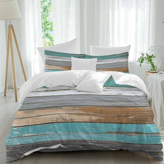 Coastal Style Duvet Cover Set Queen Size Retro Green Brown Stripe Wood Texture Soft Lightweight Comforter Covers 4 Piece Bedding Set with 1 Duvet Cover 1 Bed Sheet & 2 Pillow Shams