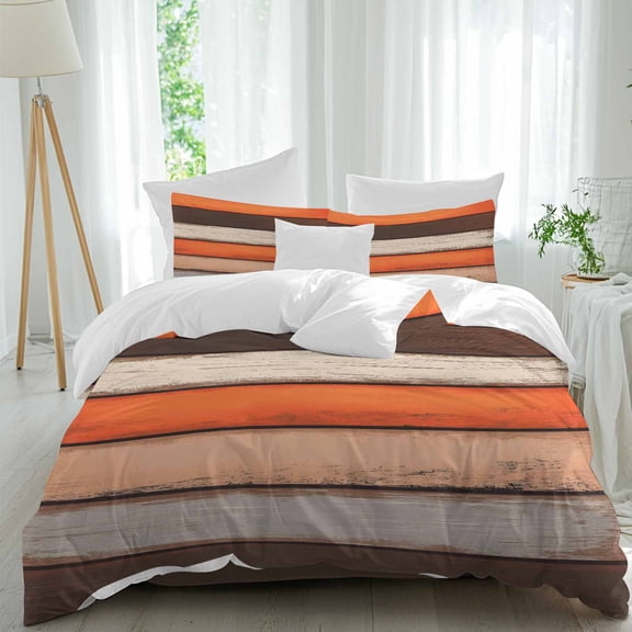 Coastal Style Duvet Cover Set Queen Size Vintage Orange Brown Stripe Wood Texture Soft Lightweight Comforter Covers 4 Piece Bedding Set with 1 Duvet Cover 1 Bed Sheet & 2 Pillow Shams