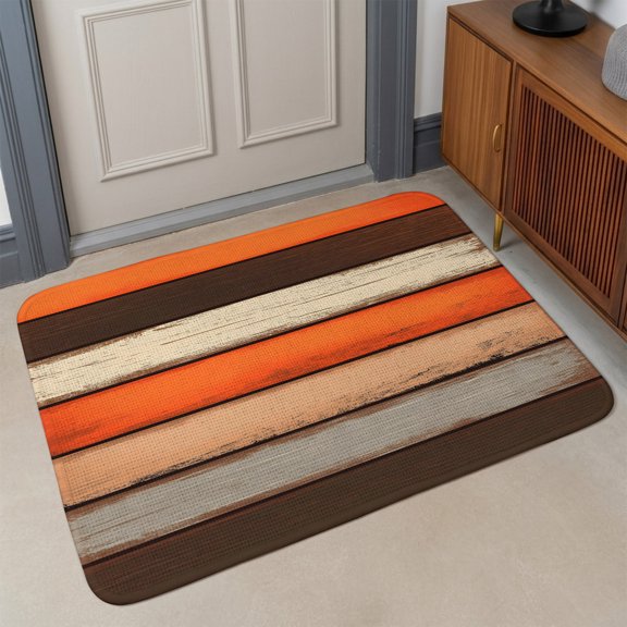 Coastal Style Front Door Mat Indoor Entrance, Vintage Orange Brown Stripe Wood Texture Absorbent Dirt Resist Welcome Mats Non-Slip Low-Profile Doormat Washable Entry Rug Indoor Outdoor 17x30 Inch