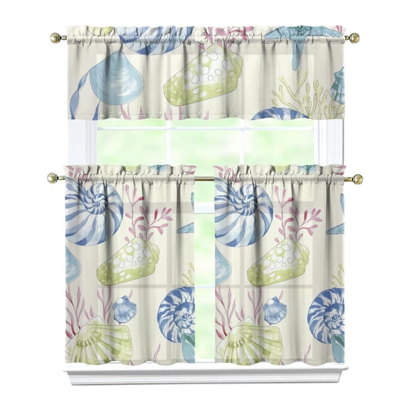 Coastal Style Kitchen Curtains Set of 3 - Seashells & Seahorse Vintage Design, Rod Pocket Window Treatment Panels for Farmhouse