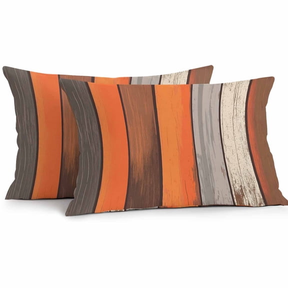 Coastal Style Outdoor Pillow Covers Set of 2 Retro Orange Brown Stripes Wood Texture Waterproof Throw Pillow Case Decorative Square Cushion Cover for Patio Couch Garden Balcony, 20"x12"