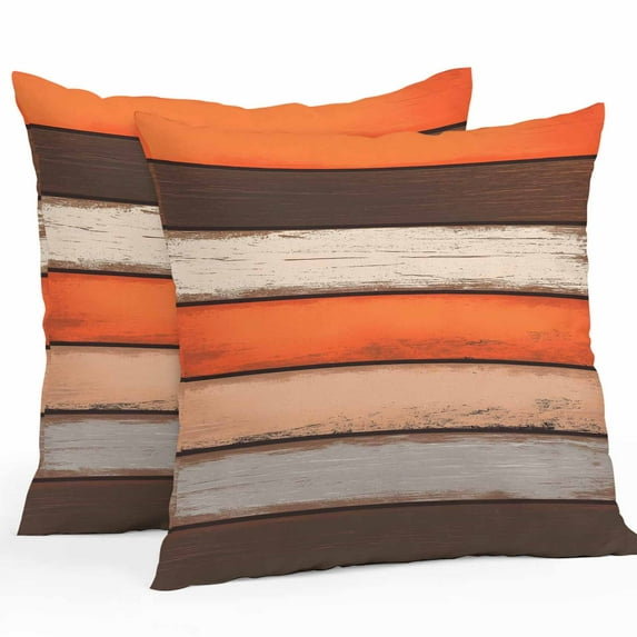 Coastal Style Outdoor Pillow Covers Set of 2 Vintage Orange Brown Stripe Wood Texture Waterproof Throw Pillow Case Decorative Square Cushion Cover for Patio Couch Garden Balcony, 20"x20"