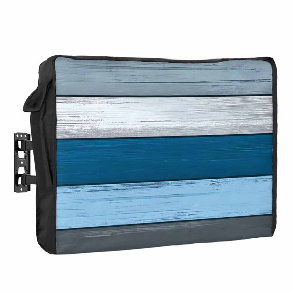Coastal Style Outdoor TV Cover 30 to 32 inch Weatherproof Waterproof, Vintage Blue Grey Stripe Wood Texture TV Enclosures with Remote Control Pocket Flat Screen Protector for Outside