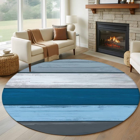 Coastal Style Round Rugs for Living Room 5ft Vintage Blue Grey Stripe Wood Texture Non Slip Circle Rug Washable Low-Profile Indoor Carpet for Bedroom, Dining Room, Bathroom