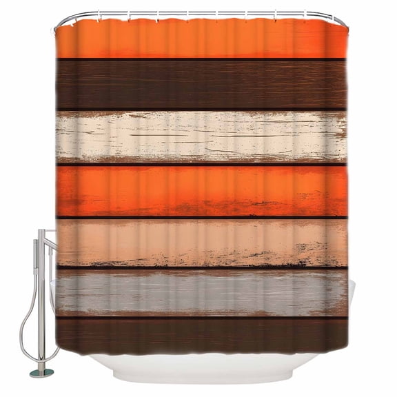 Coastal Style Shower Curtain, 60" x 72", Vintage Orange Brown Stripe Wood Texture Waterproof Bathroom Curtain Washable Shower Curtain Set with 12 Hooks