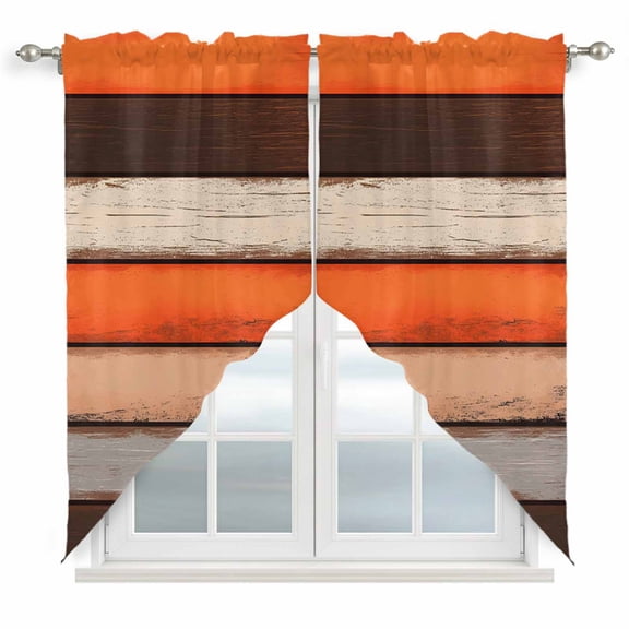 Coastal Style Swag Valances for Windows 2 Pack Vintage Orange Brown Stripe Wood Texture Swag Kitchen Curtains 36 Inches Long Rod Pocket Short Window Treatment for Kitchen Bathroom 28"x36"