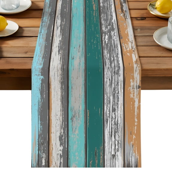 Coastal Style Table Runner, Vintage Green Brown Stripe Wood Texture ...