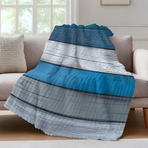 Coastal Style Throw Blanket for Couch Retro Blue Grey Stripes Wood Texture Soft and Warm Flannel 3D Striped Fluffy Fuzzy Fleece Blanket Lightweight Throw for Bed, Sofa 40 x 60 Inches
