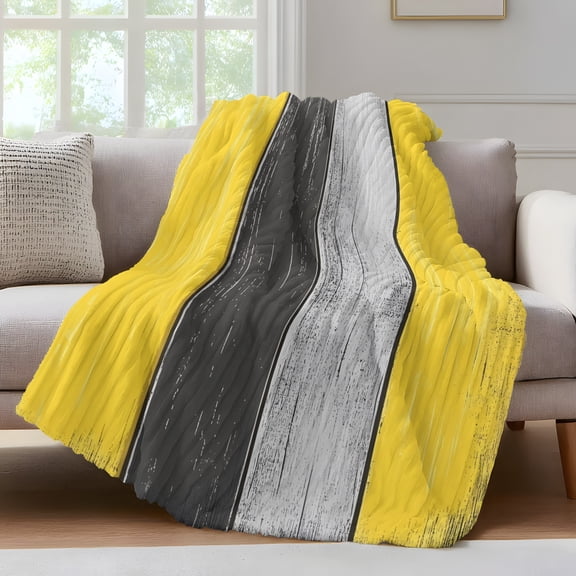 Coastal Style Throw Blanket for Couch Vintage Gray Yellow Stripes Wood Texture Soft and Warm Flannel 3D Striped Fluffy Fuzzy Fleece Blanket Lightweight Throw for Bed, Sofa 30 x 40 Inches