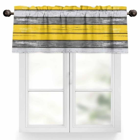 Coastal Style Valances for Windows, 60 x 18in, Retro Gray Yellow Stripes Wood Grain Rod Pocket Kitchen Valance Curtain Light Filtering Window Treatments for Living Room Bedroom, 1 Panel