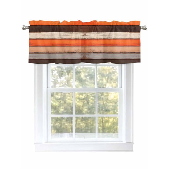Coastal Style Valances for Windows Vintage Orange Brown Stripe Wood Texture Kitchen Valance Curtain Rod Pocket Small Curtains for Cafe Bathroom Laundry Basement 60" x 18"